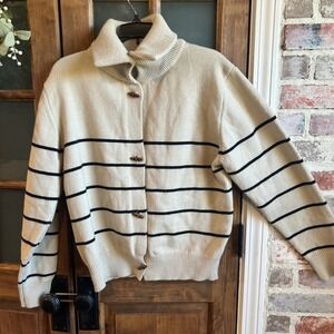 Dazy‎ Womens Striped Knit Cardigan Sweater Beige Black Button Up Collar M